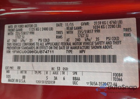 2016 Ford Escape Se из США, поврежденный, VIN 1FMCU0G96GUB74711